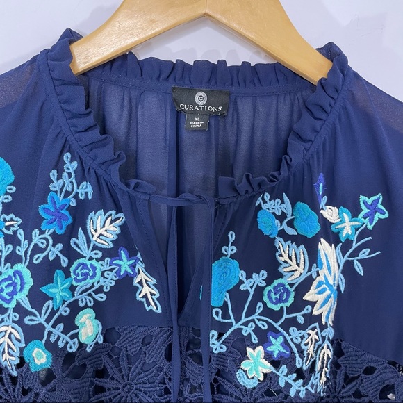 CURATIONS Boho Embroidered Lace Tunic with Balloon 3/4 Sleeves XL - Picture 7 of 9